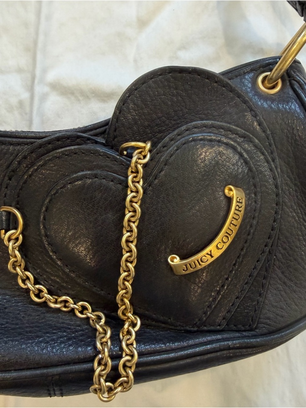Juicy Couture Black Leather Heart Shoulder Bag with Gold Chain